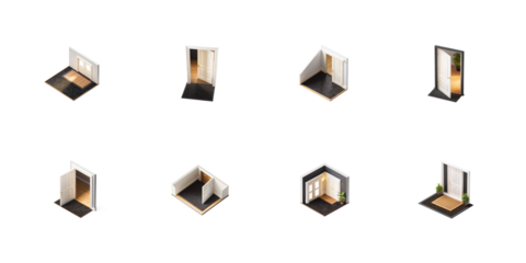 Collection of isometric entryways featuring various door styles and floor mats presented on transparent background