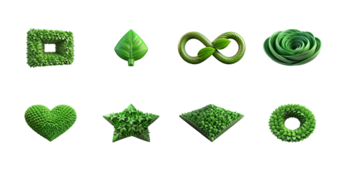 Collection of vibrant green foliage shapes including a heart star infinity symbol and geometric icons on transparent background