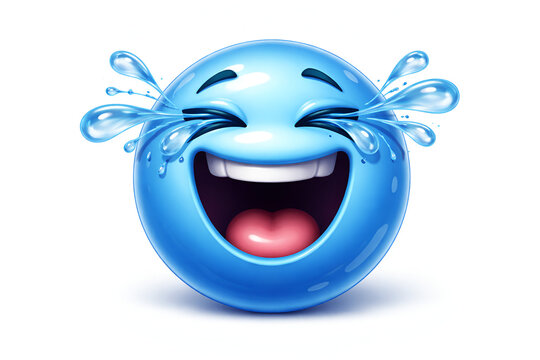Blue laughing face emoji with tears of joy 3d emoticon character expressing happiness isolated on white background