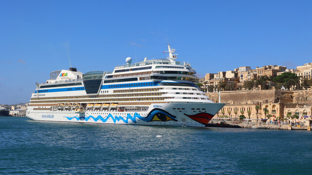 VALLETTA MALTA 09 08 2024: AIDAblu is a Sphinx-class cruise ship, operated by the German cruise line AIDA Cruises. AIDAblu is the seventh ship in the cruise line