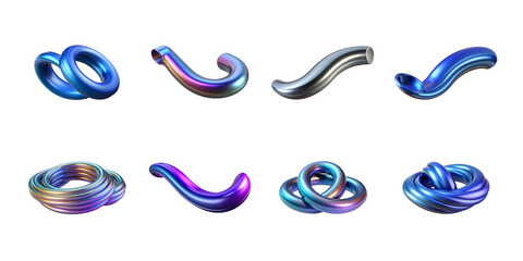 Collection of iridescent and metallic abstract 3d shapes featuring twisted tubes and intertwined torus objects on transparent background