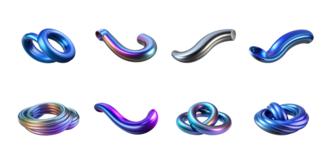 Collection of iridescent and metallic abstract 3d shapes featuring twisted tubes and intertwined torus objects on transparent background
