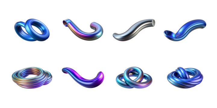 Collection of iridescent and metallic abstract 3d shapes featuring twisted tubes and intertwined torus objects on transparent background - Powered by Adobe