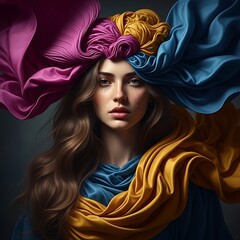 Surreal portrait of a woman with flowing hair transforming into soft fabric, tactile textures, vibrant colors, emotional expression, cinematic lighting, artistic fashion photography, ultra-detailed