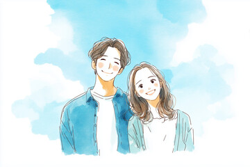 笑顔のカップル、青空、水彩イラスト