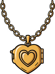 A gold heart-shaped locket pendant hanging from a chain on transparent background