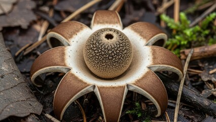 Macro close-up of a unique brown earthstar mushroom (geastrum) with star-like rays and a textured spore sac, nestled on natural forest floor.