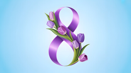 Fototapeta premium Purple ribbon number eight with tulips on light blue background.