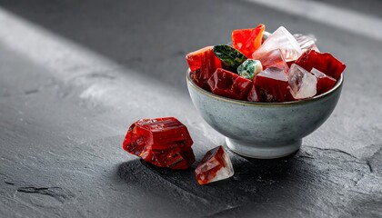 Red and White Jelly Cubes in a Bowl on Dark Surface.