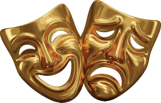 Golden theater comedy and tragedy masks symbolizing drama performance isolated on white background classic theatrical vector illustration