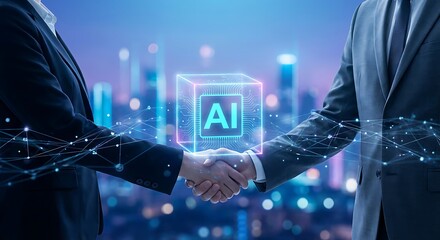 Businessmen shaking hands with AI technology in modern cityscape background