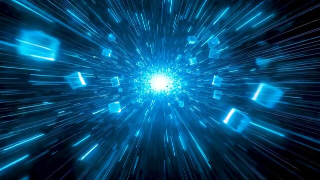 Blue glowing tunnel speeding cubes rushing toward bright central light streaks motion warp speed energy vortex abstract space journey