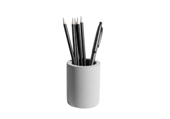 Extreme close-up of a matte gray concrete pencil holder with six black graphite pencils and a sleek silver rollerball pen, white background with soft shadow, professional minimalist design concept