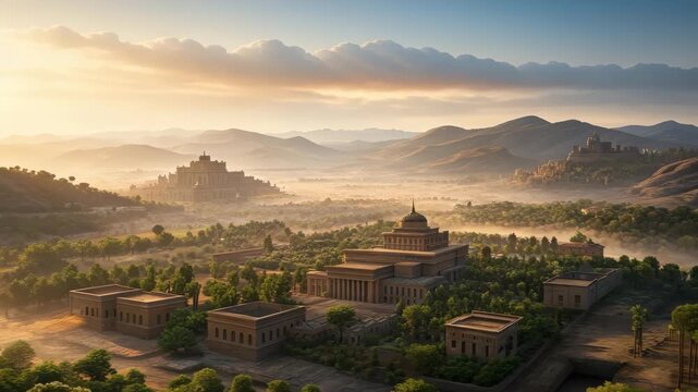 Animated view of a vast ancient city at sunrise. Epic fantasy landscape with monumental architecture in a misty valley. Historical civilization and mythology concept