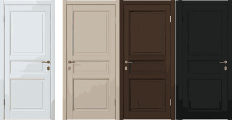 Fototapeta premium Interior wooden door set in different colors with classic panel design isolated on white background realistic vector illustration