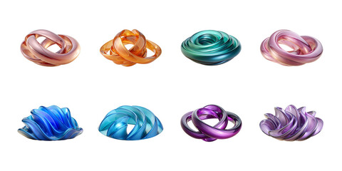 A collection of eight colorful abstract 3d rendered shapes featuring metallic knots and flowing iridescent forms on transparent background