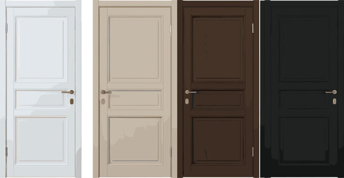 Interior wooden door set in different colors with classic panel design isolated on white background realistic vector illustration