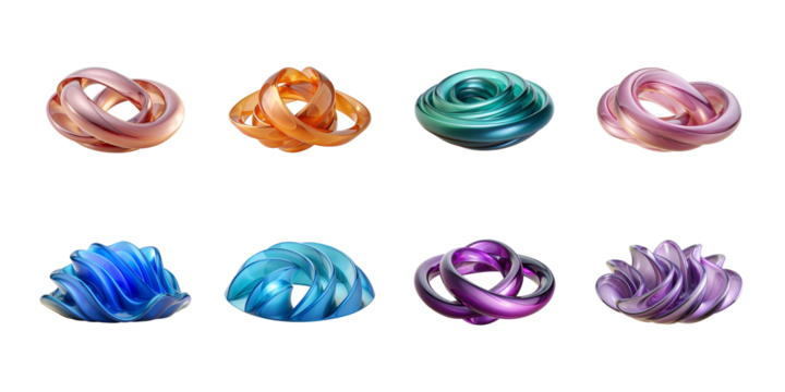 A collection of eight colorful abstract 3d rendered shapes featuring metallic knots and flowing iridescent forms on transparent background - Powered by Adobe