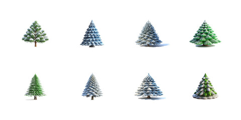Collection of eight stylized winter and evergreen pine trees featuring various levels of snow dusting and distinct cartoon aesthetics on transparent background