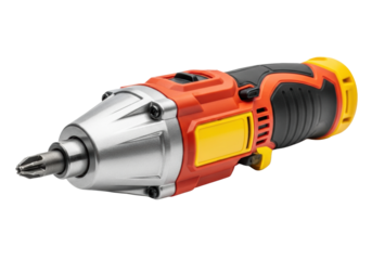 ultra-detailed close-up of a rugged, ergonomic orange-red cordless screwdriver with rubber grip and metallic chuck on a transparent studio background. concept for home maintenance technology