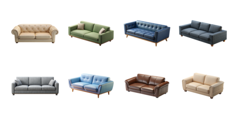 A collection of eight diverse and stylish sofas showcasing various upholstery materials colors and designs on transparent background