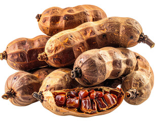 A close-up shot of a pile of large, brown, elongated pods, one split open, revealing seeds