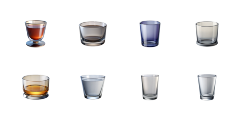 Collection of eight assorted glassware items including filled and empty drinking vessels isolated on transparent background