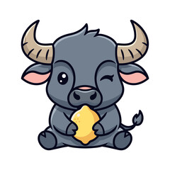 Fototapeta premium Cute cartoon bull with horns holding a yellow gemstone sitting on the ground