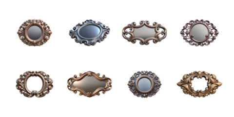 Collection of ornate baroque style decorative plaques and mirrors featuring intricate scrollwork designs on transparent background