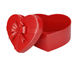 A vibrant red heart-shaped gift box with a bow, open and ready to be filled isolated on transparent background