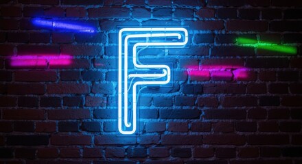 Neon letter F on brick wall with colorful glowing tubes
