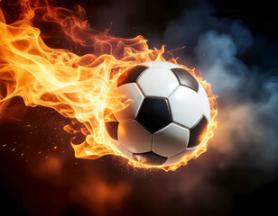 Naklejka premium Soccer ball flying with power and intense fire