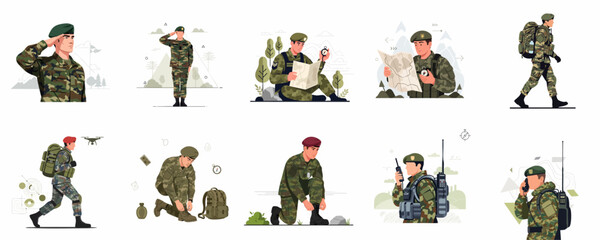 Naklejka premium Flat vector set of military soldiers engaged in duty, including saluting, navigation, walking, and communication during field training operations.