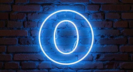 Glowing blue neon sign on brick wall with modern design
