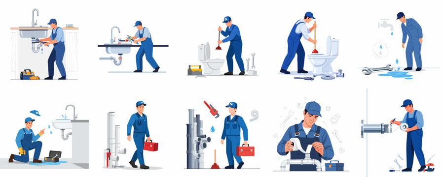 Set of professional plumber service illustrations showing workers repairing leaks, unclogging toilets, fixing faucets, installing pipes, and performing home maintenance tasks.