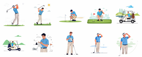 Fototapeta premium Golf player flat vector illustration set showcasing various actions like driving, putting, checking score, and riding the cart on a sunny golf course.