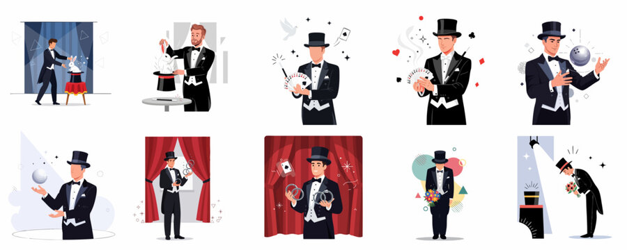 Magician performance set showing a man in a tuxedo doing classic stage magic tricks: rabbit in hat, card tricks, linking rings, and bowing.