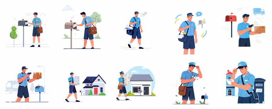 Collection of Vector Illustrations Featuring Mail Carriers Delivering Letters and Packages, Scanning Parcels, and Working in Residential Areas.