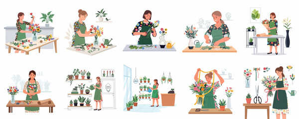 Florist at Work: Set of ten vector illustrations showing women creating beautiful bouquets, trimming fresh flowers, and tending to plants in a vibrant flower studio. © Juan