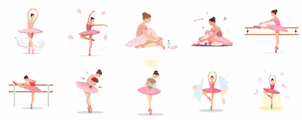 Beautiful young ballerina illustrations set showing dancing, practicing, stretching, and preparing in elegant pink tutus and pointe shoes. © Juan
