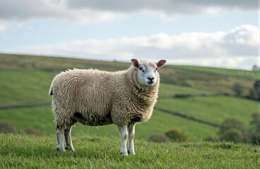 Sheep standing on lush green hillside, calm expression, thick wool coat, alert ears. Concept of serene pasture, rolling hills, blue sky with fluffy clouds.