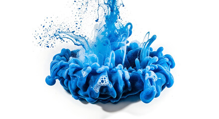 Vibrant blue paint splash isolated on white background, capturing the dynamic movement and intricate details of the liquid as it bursts and expands, creating a visually striking and abstract compositi