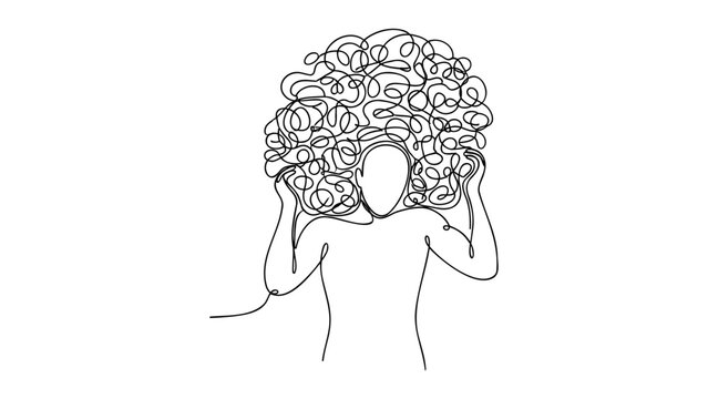 A person overwhelmed by thoughts, struggling with mental health, standing alone in a blank space, depicted in a continuous line drawing, viewed from behind