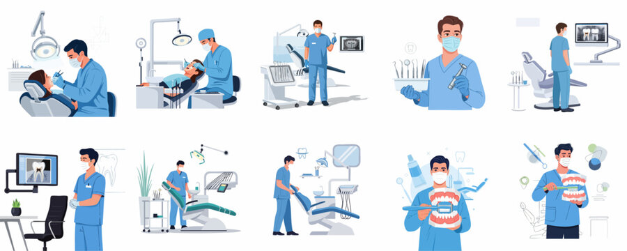 A comprehensive set of illustrations depicting dentists performing examinations, providing treatments, holding instruments, and demonstrating oral hygiene in a modern dental clinic.