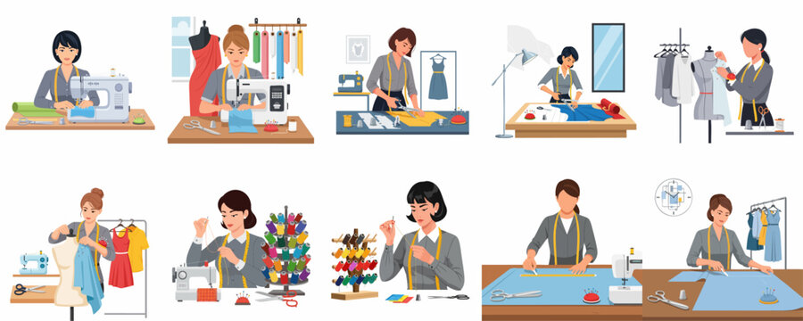 Professional female tailors and fashion designers working collection. Women sewing, cutting fabric, measuring, and creating clothing with various tools and equipment illustrations.