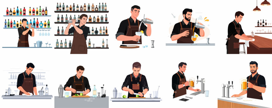 Professional Bartender and Mixologist Activities Vector Set. Daily routine of serving drinks, shaking cocktails, pouring beer, prepping ingredients, and cleaning the bar.