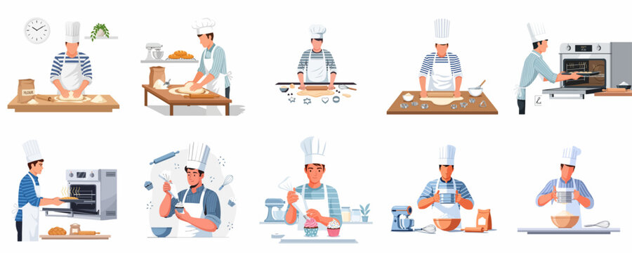 Vector set of a professional male baker preparing dough, baking bread, and decorating pastries, illustrating key steps in the cooking process.