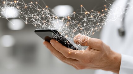 A doctor uses a tablet with abstract digital links, representing cutting‑edge medical technology and advancement