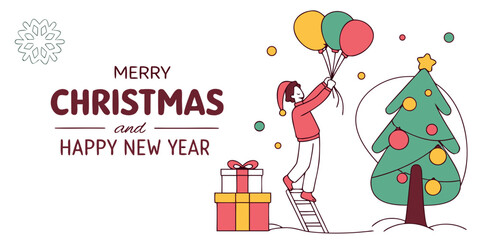 Obraz premium Merry Christmas and Happy New Year 2027 – A Festive Balloon & Tree Greeting