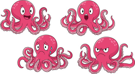 Cute cartoon octopus emotion set, happy surprised sad angry sea creatures, colorful marine character collection, kids vector illustration pack © Itz Mehedi